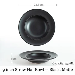 Nordic Style Round Matte Black Pasta Bowl Green Porcelain Straw Hat Salad Bowl White Ceramic Straw Hat Bowl