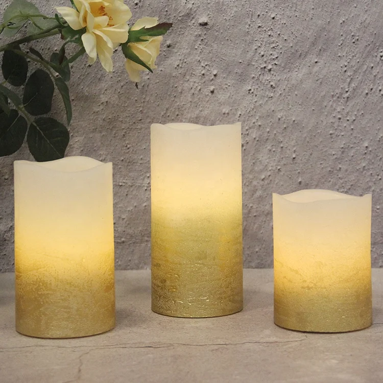 SET OF 3 BATTERY OPERATED REAL WAX FLICKERING LED CANDLE, WITH TIMER FUNCTION, WITH GOLD METALLIC OMBRE DISTRESSED FINISH