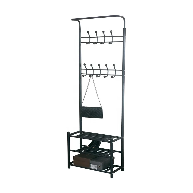 High Quality  Thick Iron Pipe 3 Shelf Storage Standing Coat Shoe Rack with Clothes Hanger