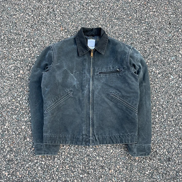 Custom Logo Winter Design Mens Zip Up Woven Cotton Twill Zip Up Lined Distressed Vintage Wash Work Jacket Men