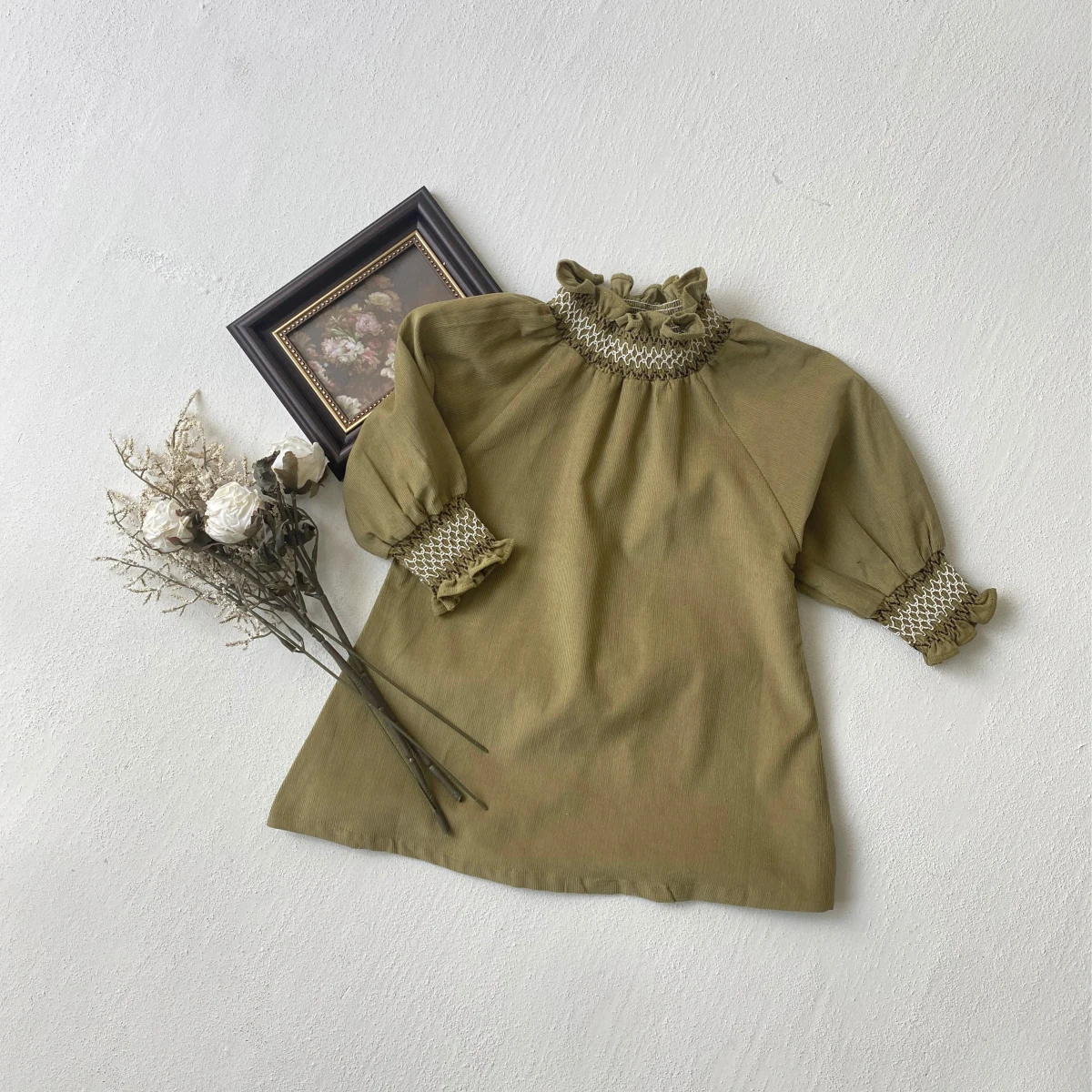 Autumn Long Sleeve Ruffle Neck Dress Infant Puff Sleeve Vintage Style Princess Girls Dress