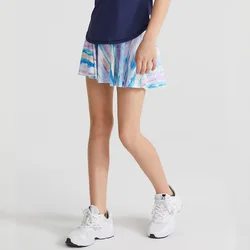 New girls pleated printed skirt children sport mini nude breathable mesh waist skirts with shorts tight badminton tennis set