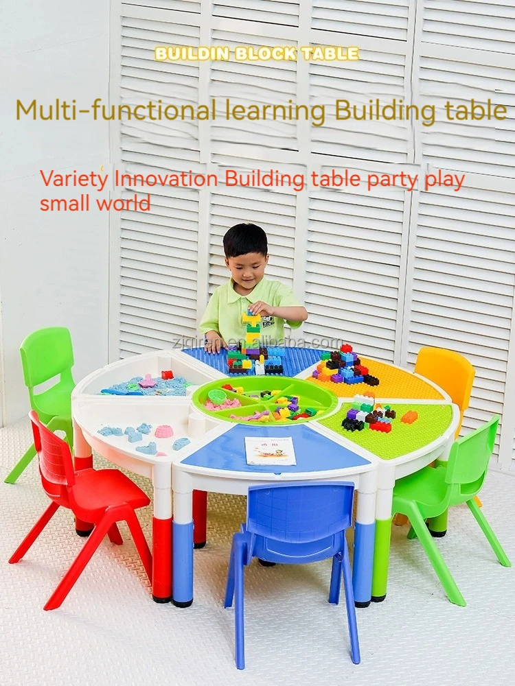 new arrival Kids Indoor Play Toy sets multifunctional round Plastic Blocks Desk And Chair Amusement game
