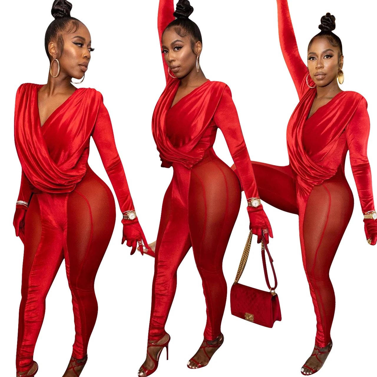 2021 Winter Mesh Velvet Patchwork Elegant Bodycon Jumpsuit Longsleeve Bodysuits For Women Sexy Jumpsuits
