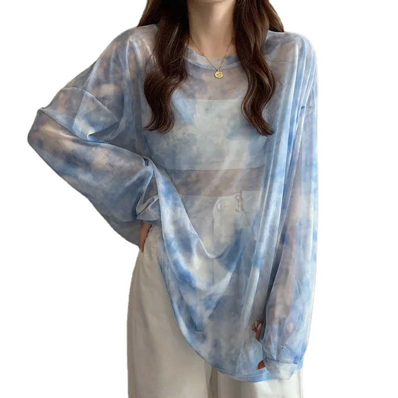 Tie-dyed mesh sun protection top for women, summer new loose ice silk thin see-through long-sleeved T-shirt blouse