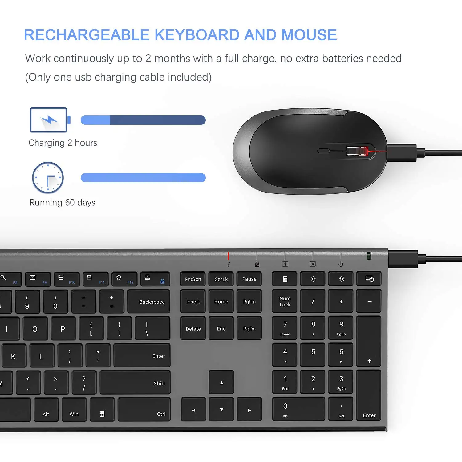 2.4GHz Rechargeable Compact Quiet Full Size Keyboard Mouse  Computer Wireless Keyboard and Mouse Combo
