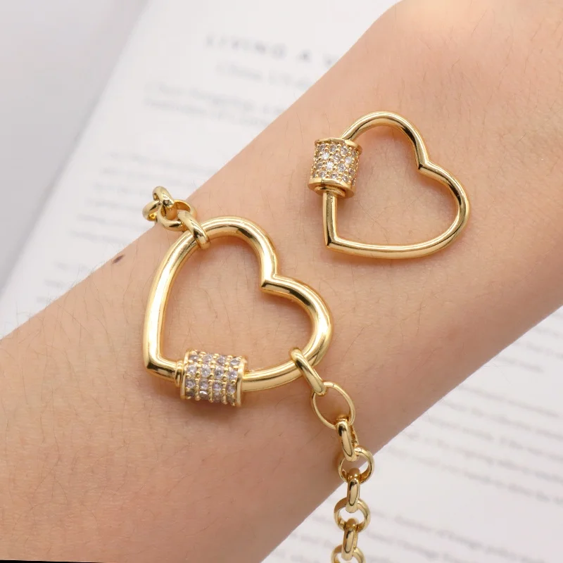 Customized DIY Connector Clasp Lock Heart Charm CZ Gold Plated Screw Carabiner Heart Clasp For Women Bracelet Necklace Making