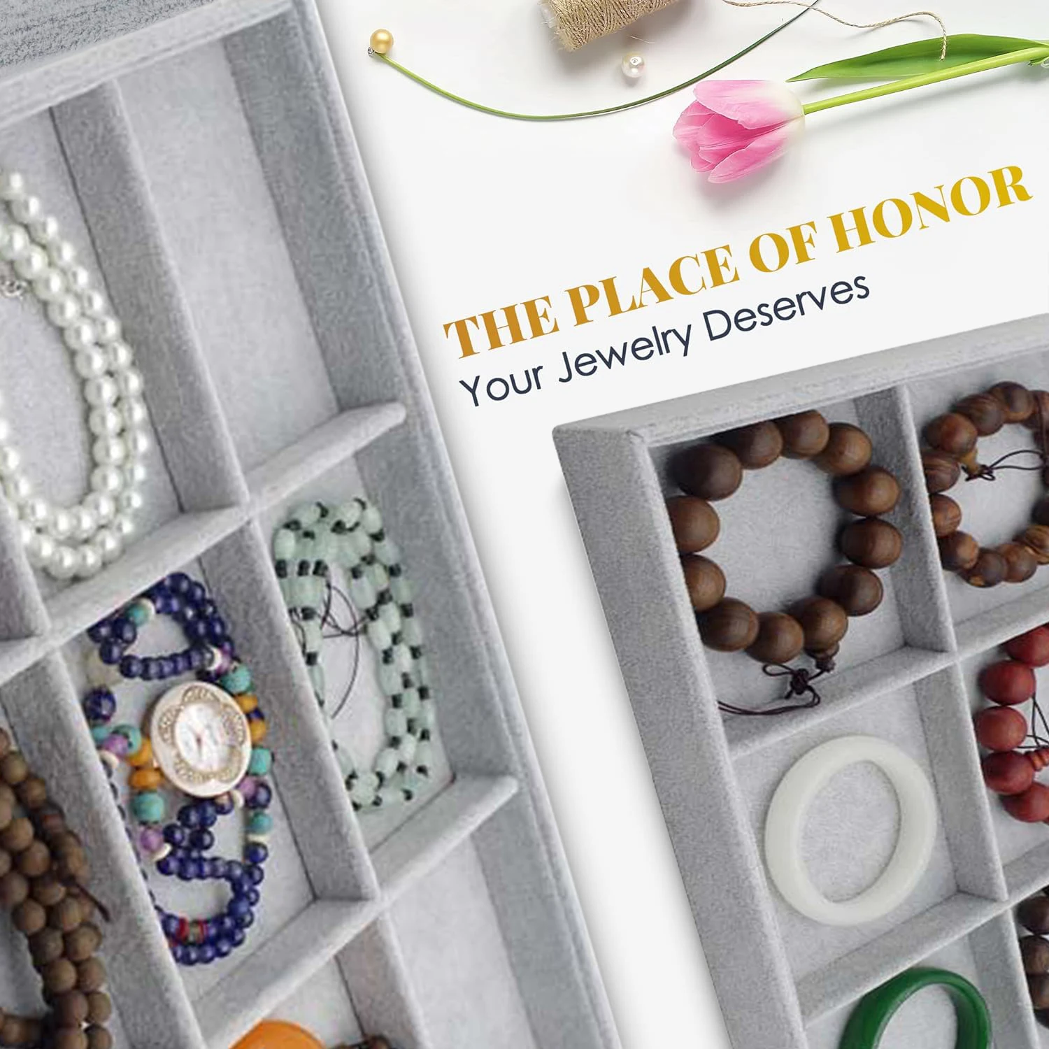 Jewelry Tray Organizer,Stackable Accessories,Storage, Grey,Earring Box,Adjustable Drawer Insert,Velvet Ring Holder,Bracelet