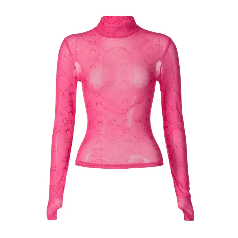autumn fall 2022 New arrivals Women printed O-Neck long sleeve mesh shirt bodycon shirt long sleeve tops