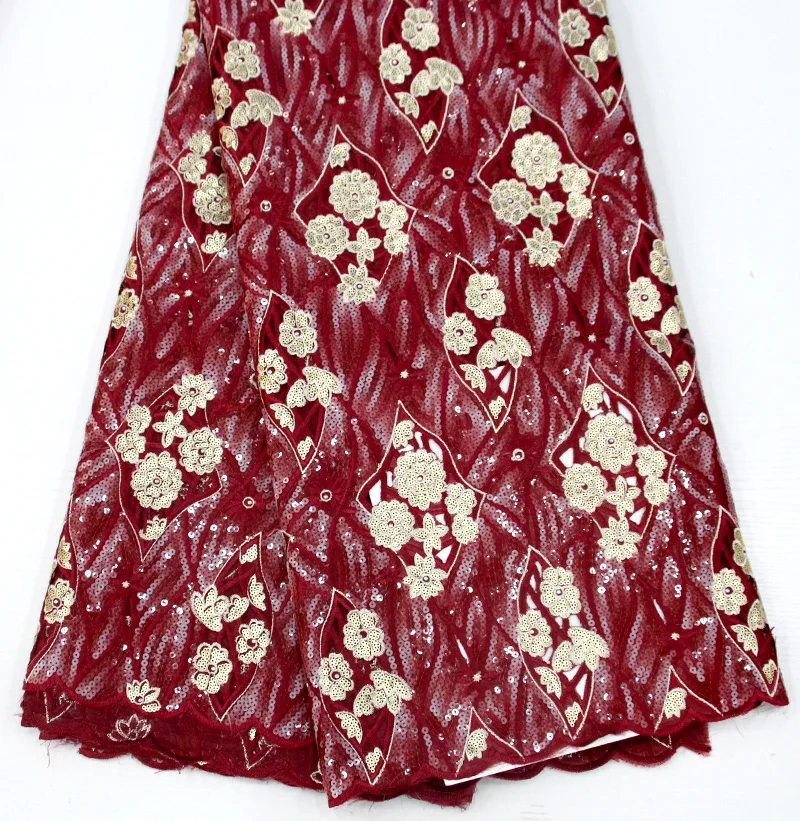 Burgundy Red Handcut Nigeria Dress Sequins Fabric