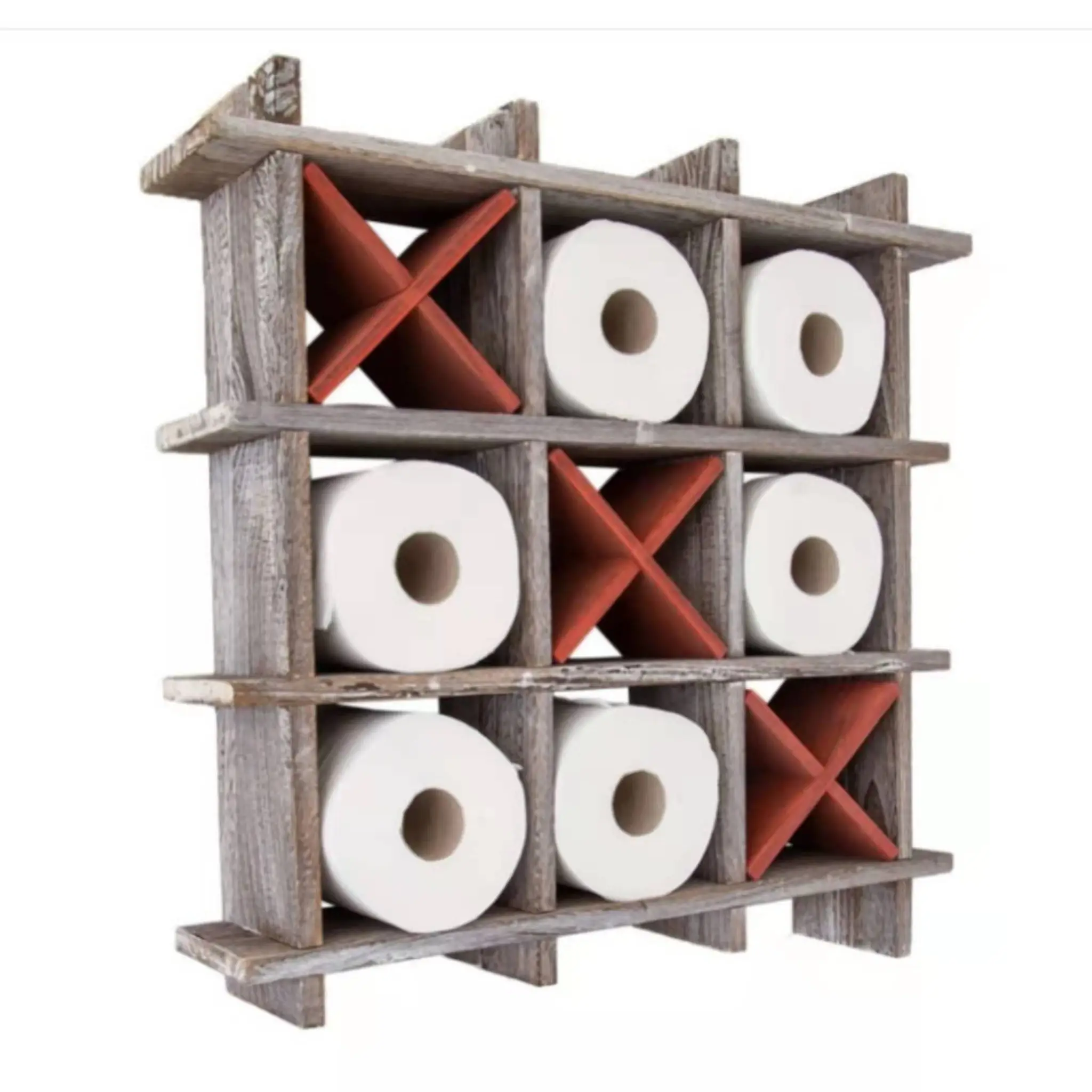 Rustic Wood Tic-Tac-Toe Toilet Paper Holder for Bathroom Storage Shelves for Toilet Tissue Holder Free standing Farmhouse decor
