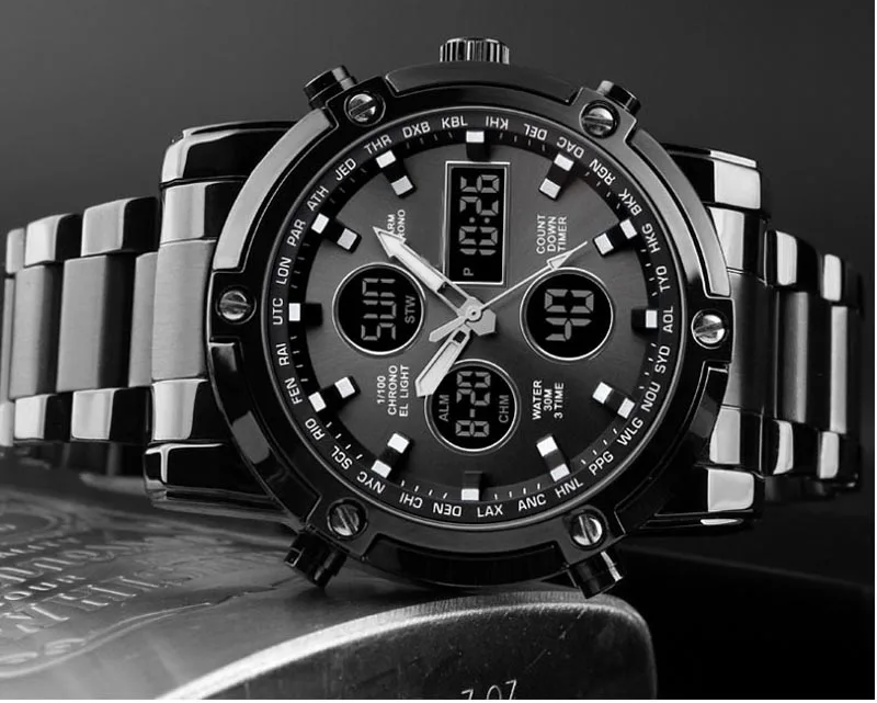 Мужские спортивные часы с двойным механизмом, стальные часы со светящимся будильником, многофункциональные кварцевые часы