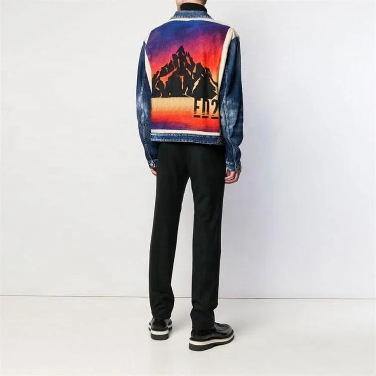 Custom printed patchwork berber fleece demin jacket for men