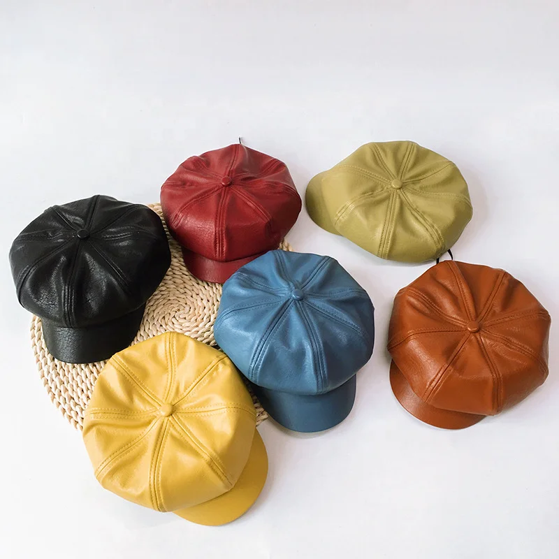Autumn winter Kids Baby Pure color gloss Octagonal Cap PU Leather Beret Girl Fashion All-match Painter Hat