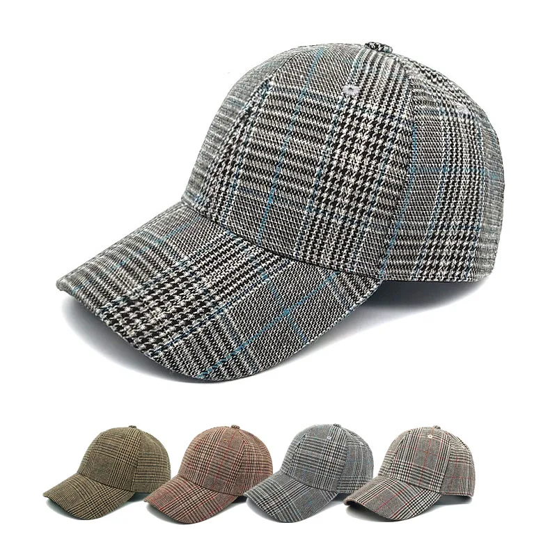 OEM Curved Brim Plaids Tweed Check Pattern Cotton  6 Panel Blank Casquette Caps Custom Embroidery Logo Baseball Caps