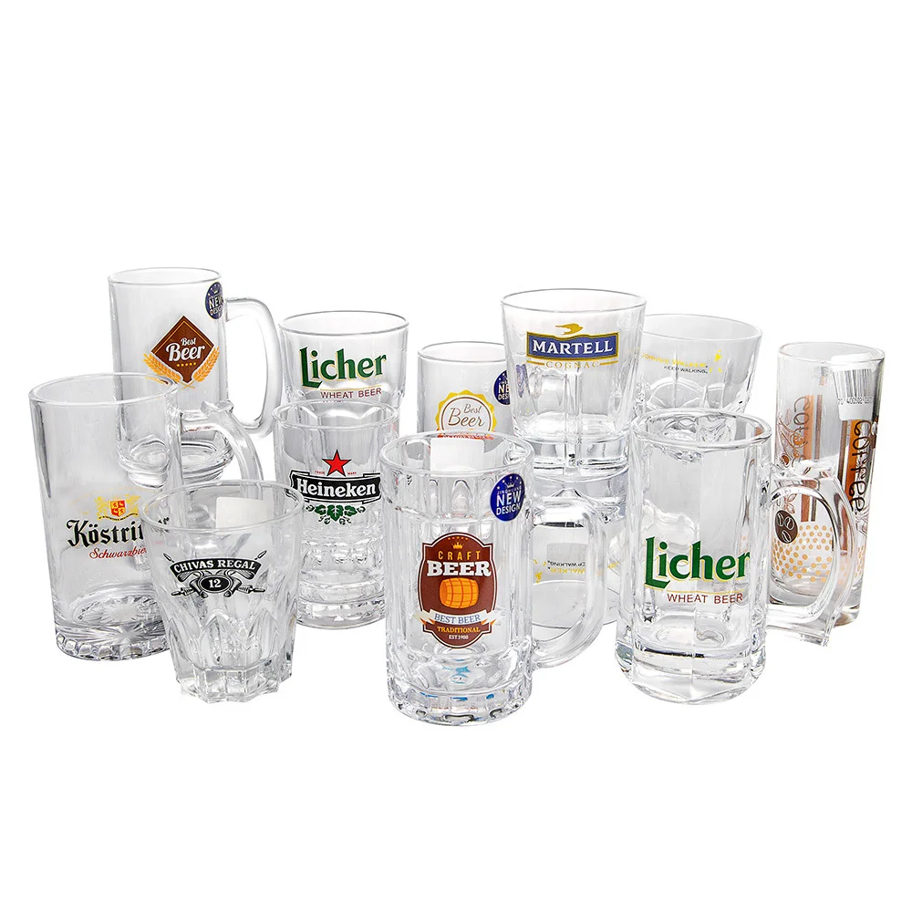 customized decal design classic high quality beer glass cup mug with handle low MOQ