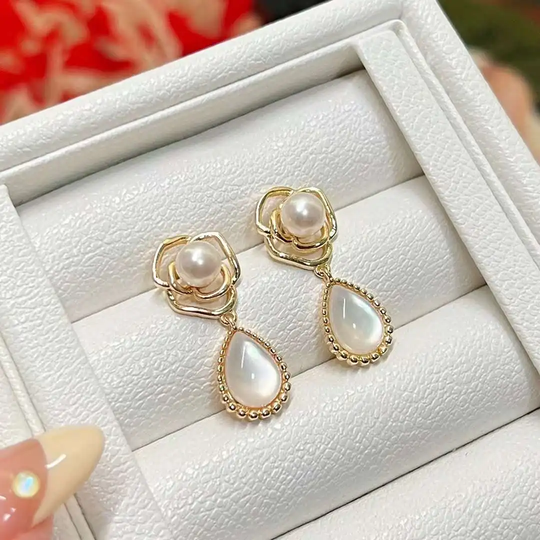 New Camellia Flower Water Ear Drops 6-7MM Natural High Quality Freshwater Pearl Chinese Classical Pendant Earrings