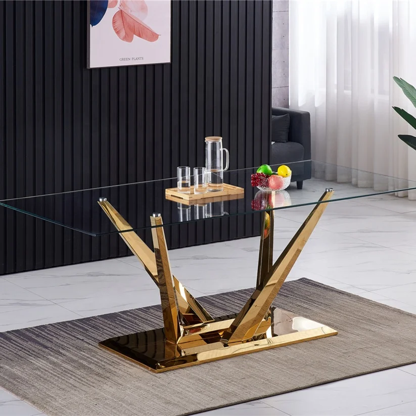 Wood and Glass Dining Room Table Modern Gold Stainless Steel Leg Rectangular Square Round Clear Tempered Glass Top Dining Table