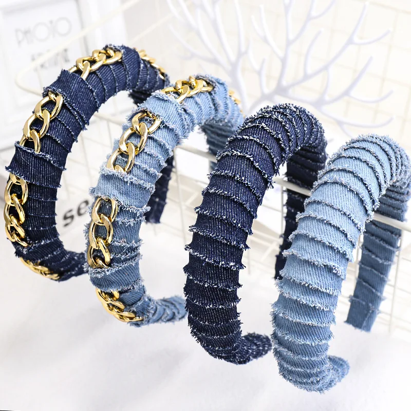 
Fashion Women Design Gold Chain Decoration Blue Denim Headband Wide Jean Fabric Hair Bands Thick Sponge Headband for Women 