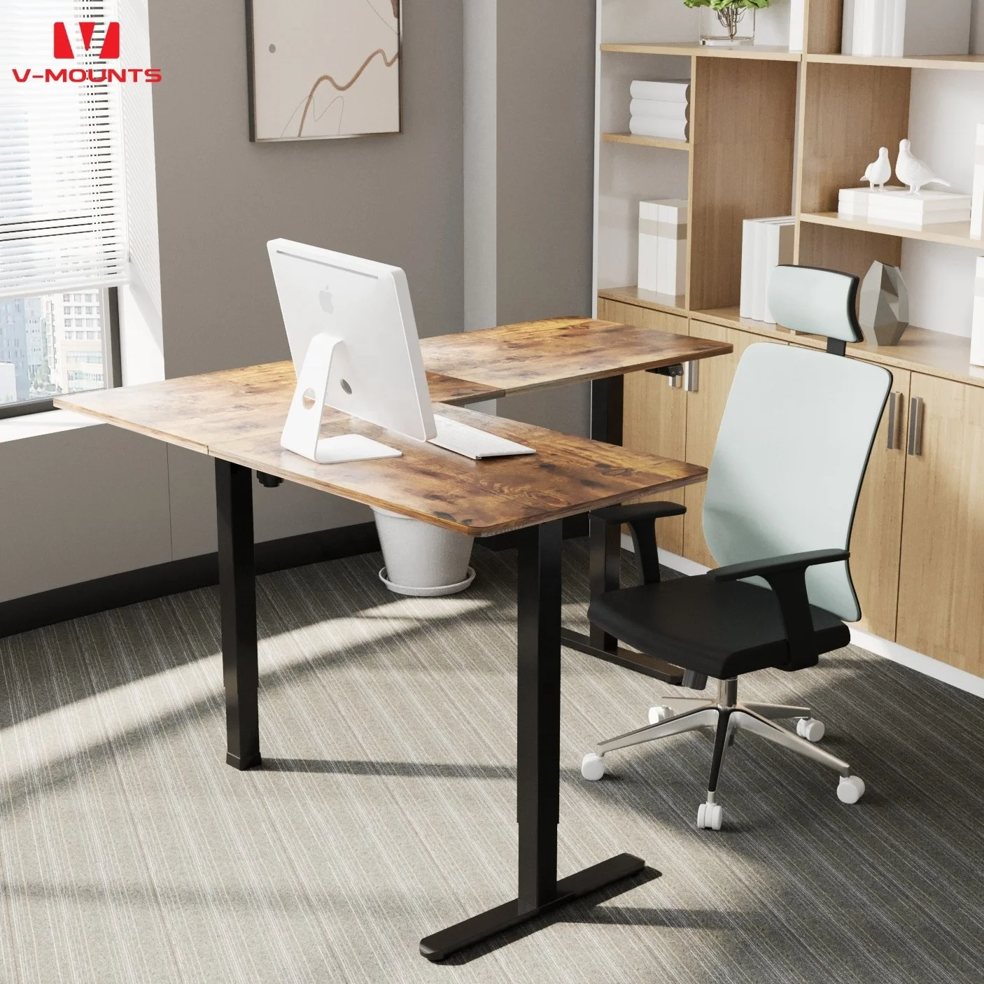 V-mounts ergonomic single motor home office adjustable desk with L shaped desktop VM-JSD5-01-L