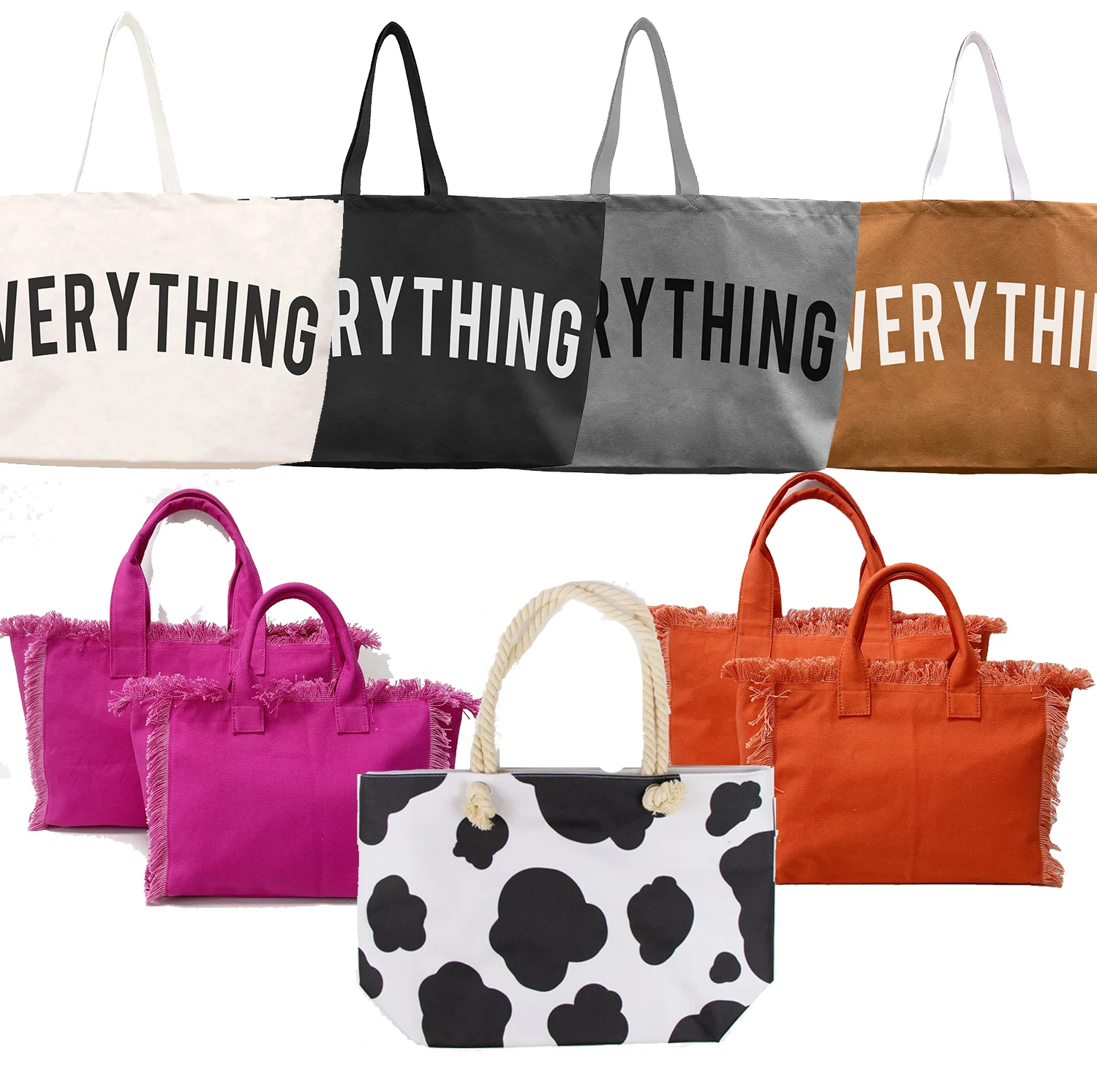 Fashion Customized Monogram Solid Cow Print Large Cotton Handle Canvas Tote Bags for Women