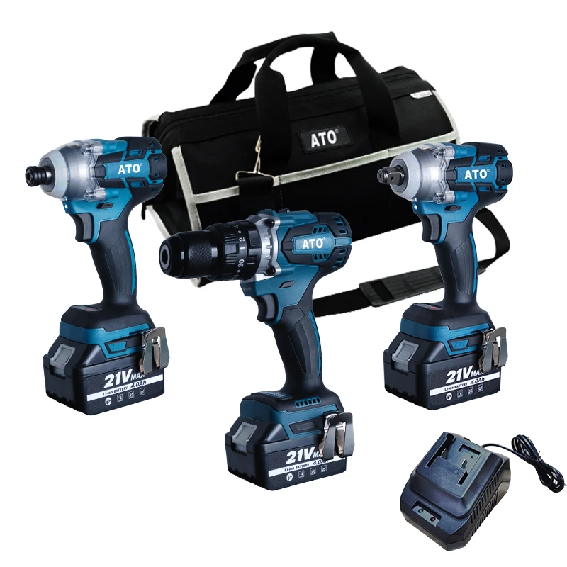 ATO CB2003 Three in one  Powerful 3.0Ah 4.0Ah 21V Brushless Drill Screwdriver Wrench  Cordless Tool Sets Combo Kit