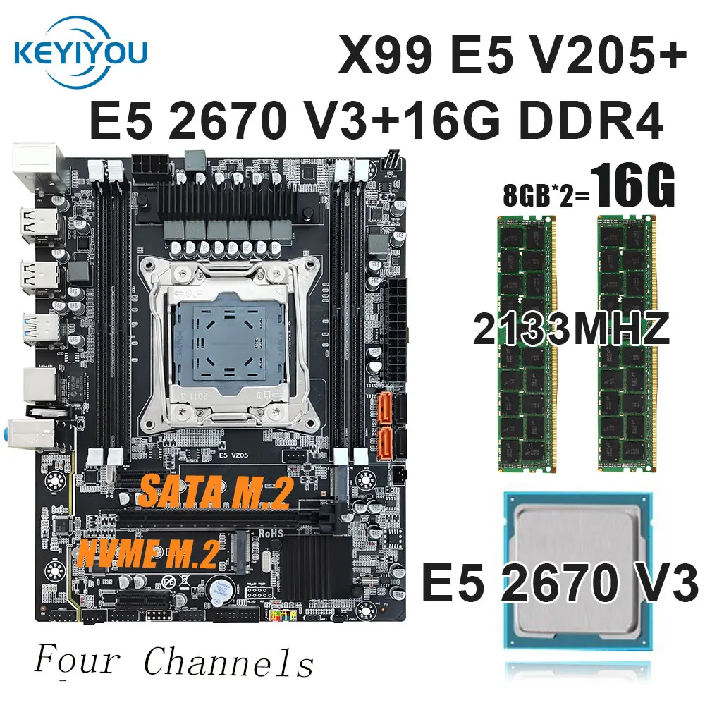 KEYIYOU X99 Motherboard Combo LGA 2011-3 Kit Xeon E5 2670 V3 Processor 16GB DDR4 RAM 2133MHz Memory NVME M.2 SATA USB 3.0 V205