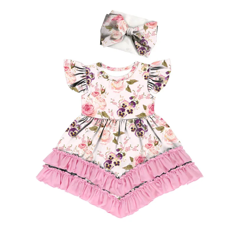 BQA-184 +FD-041  Newborn Baby Girls Pink flower Tutu Dress First Birthday Skirt Outfits Casual Girls Clothes Headband