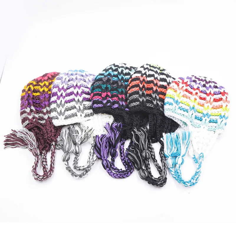 Custom Team Jacquard Pattern Knitted Braids Tassel Ear Flaps Winter Warm Cap Ear Cover Hat