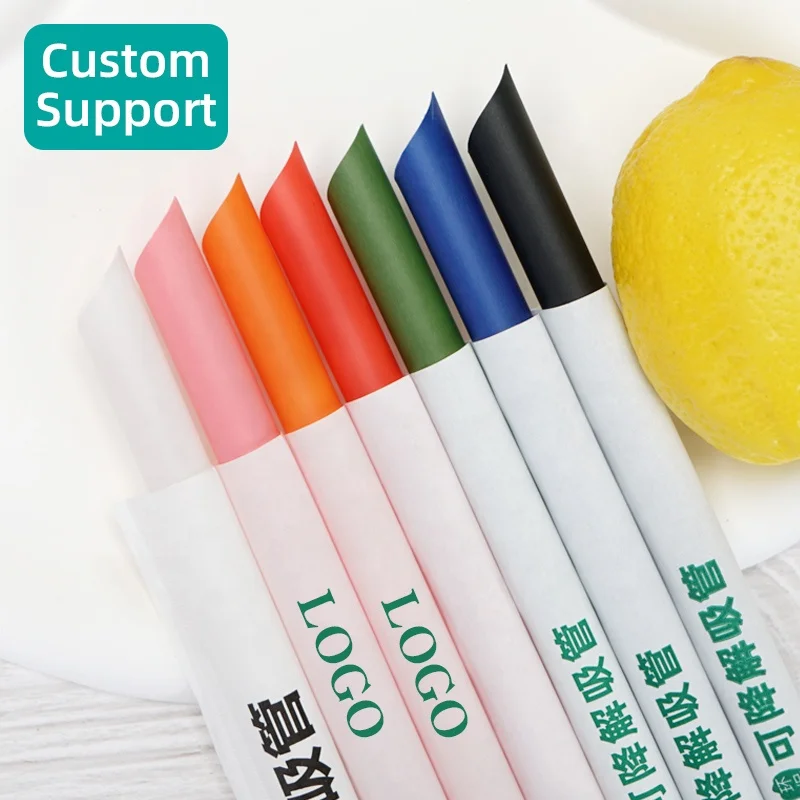 Polylactic acid material colorful bubble tea straight straw degradable individually packaged pla straws with wrap printing paper