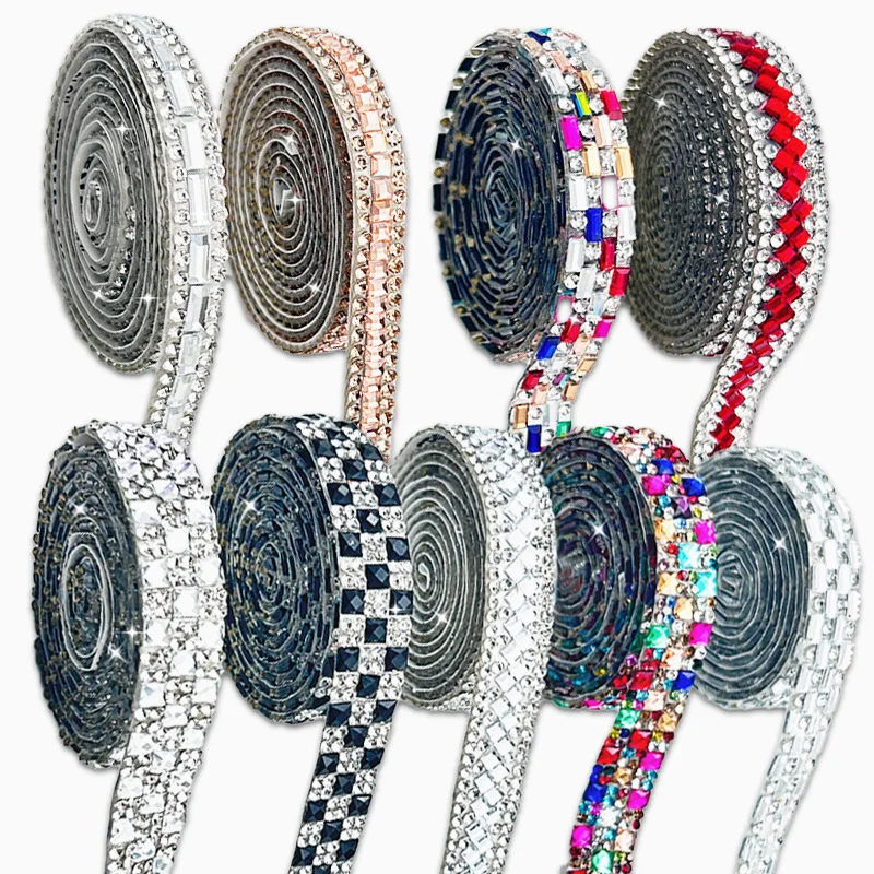 High Quality Heat Transfer Trim glass Rhinestone Belt hotfix Ribbon  Self Adhesive Rhinestone Ribbon Bling Hotfix Trim