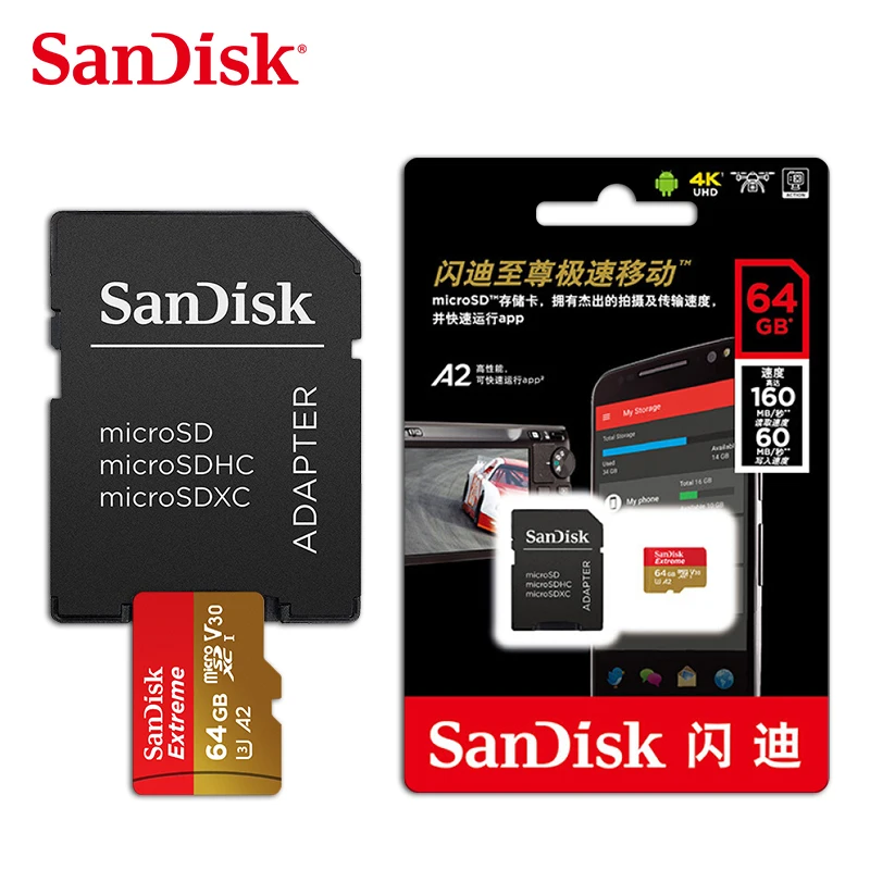 Оптовая продажа двойной флеш-накопитель SanDisk A2 Extreme SD Card 64 Гб V30 100 МБ/с. U3 флэш-памяти TF Mirc0/S/D X C карта поддерживает 4K HD