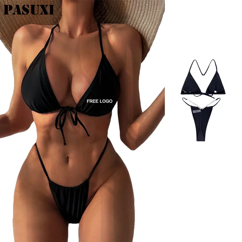 PASUXI Wholesale 2 Piece Set Swimwear Sexy Backless Bathing Suits Bikini Pearl Chain Pure Color Swimsuit Women
