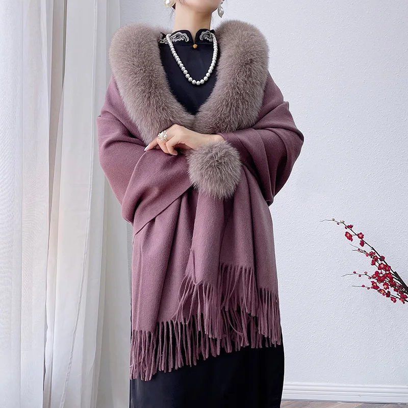 Wholesale New Arrival Ladies Winter Luxury Scarf Women Tassel Fox Fur Shawls