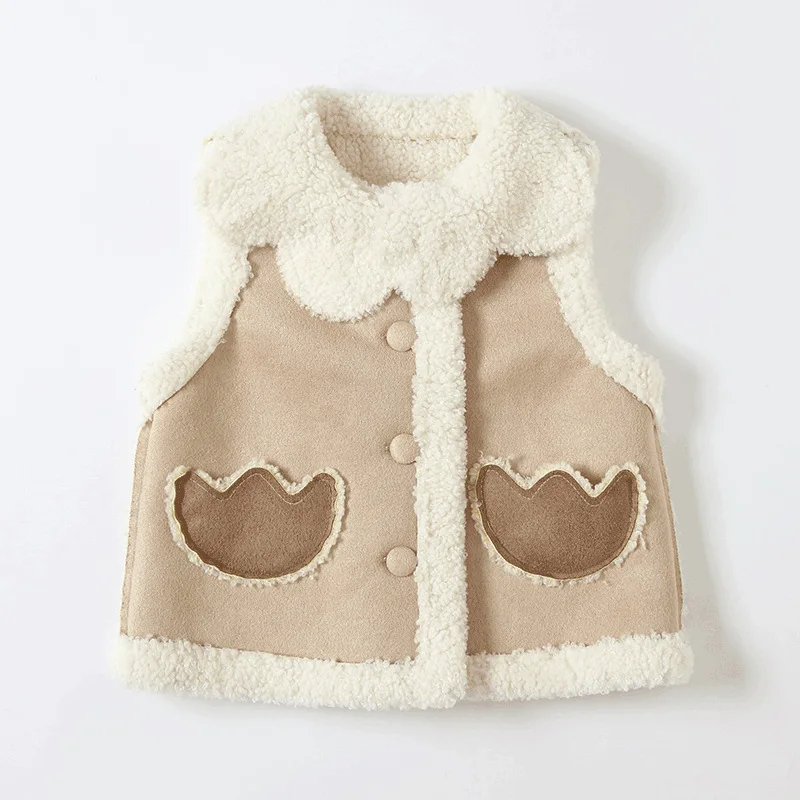 
Winter Kids Windproof Coat Baby Girls Suede Vest Toddler Vintage Warn Fleece Waistcoat With pockets 