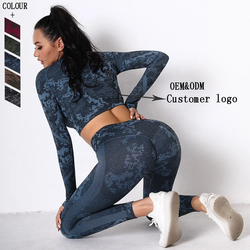 Women Activewear Fitness Sets Camouflage Printing Sport Suit - Fitness Apparel Long Sleeve Seamless Workout Yogo Set