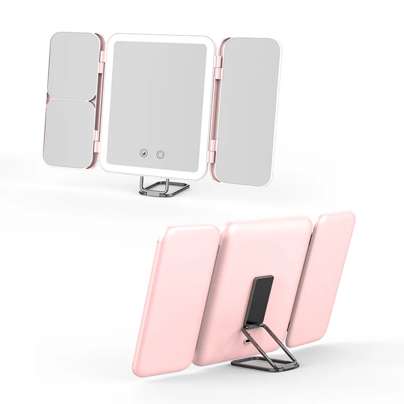 Custom Logo Desk Table With Light 3x 7x Magnifying Portable Tri Fold Led Makeup Trifold Mirror