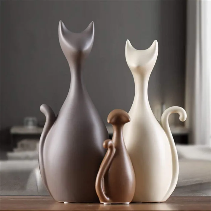 Ceramic Home Decor Cat Family Figurine Crafts Animals Statue Abstract Sculpture Ornament Birthday Wedding Gifts 3pcs/Set
