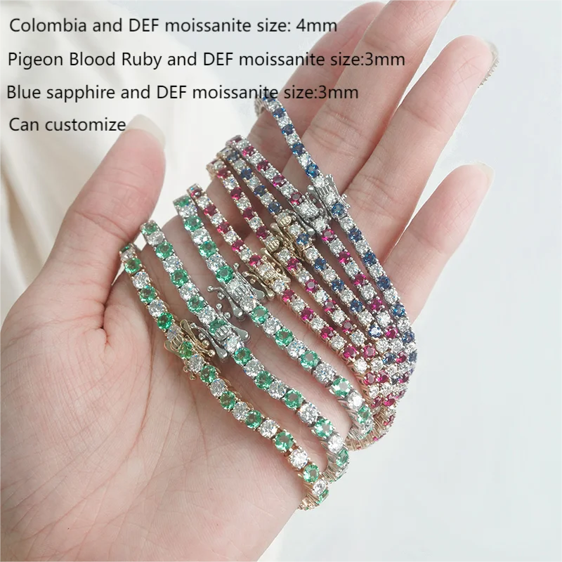 China wholesale Starsgem 3mm round shape luxury engagement 14K gold lab emerald ruby sapphire and moissanites tennis bracelet