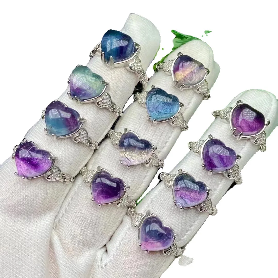 Wholesale Jewelry Crystals Healing Gemstone Adjustable Natural Rainbow Fluorite Heart Shaped Crystal Rings For Gift