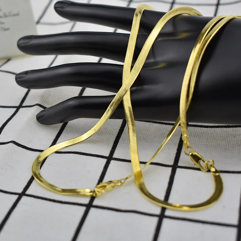 Wholesale 14k Gold Plated Herringbone Choker Chain Handmade Stainless Steel Flat Snake Chain Necklace