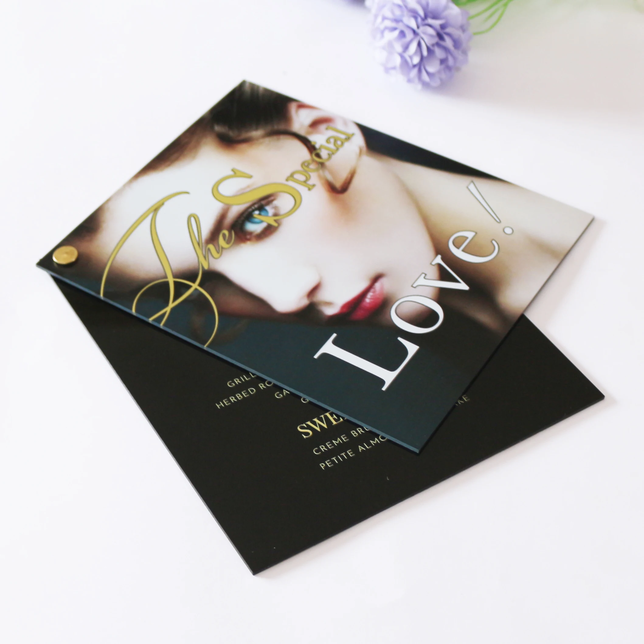 Gorgeous the Special Love Theme Banquet Menu Card UV Printing Beauty Photos Gold Foil Logo Black Acrylic Card Set
