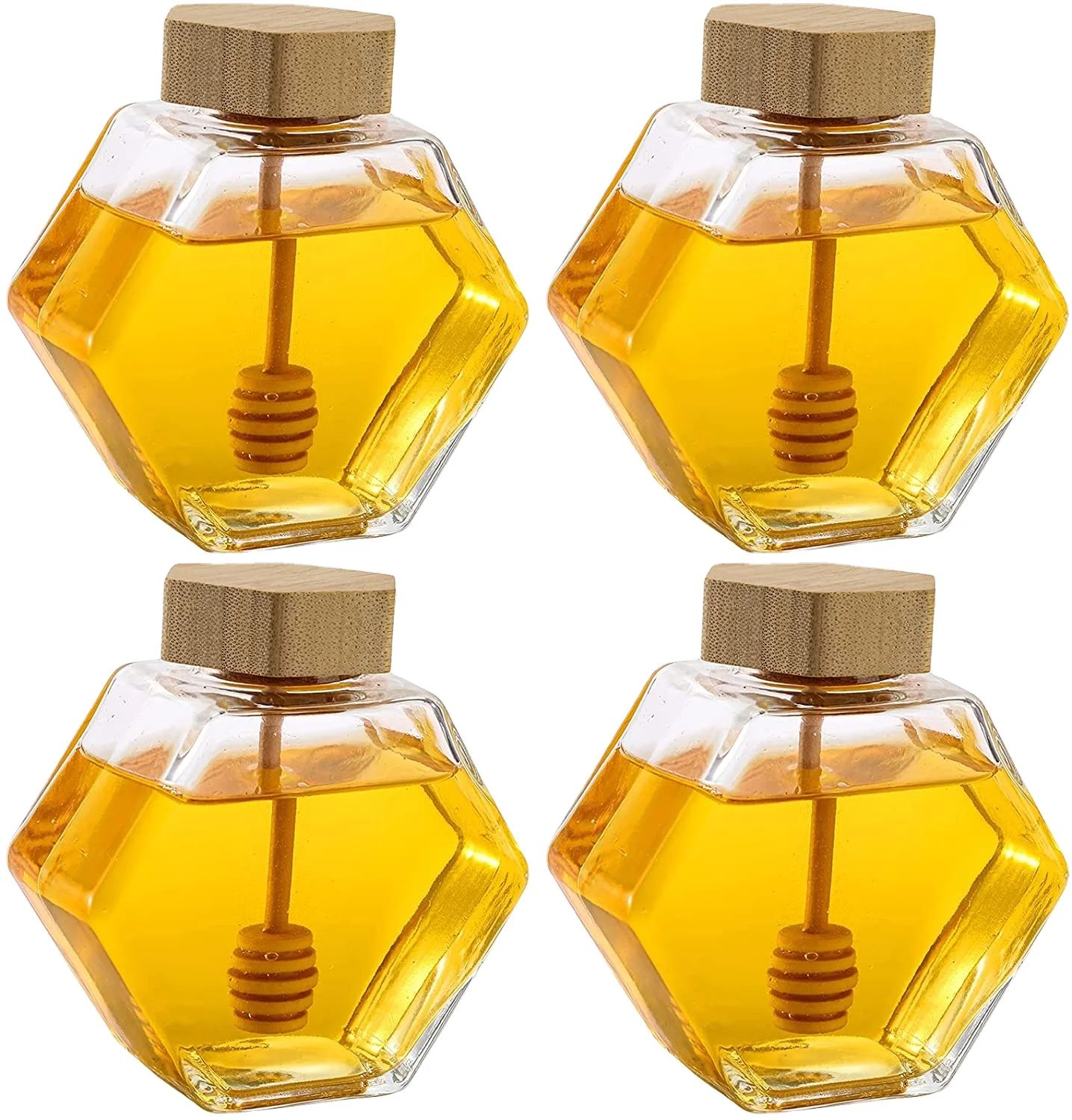 7 Oz Honey Pot Jars, Glass Honey Pot with Wooden Dipper and Cork Lid, Hexagon Shape Honey Container Dispenser Storage