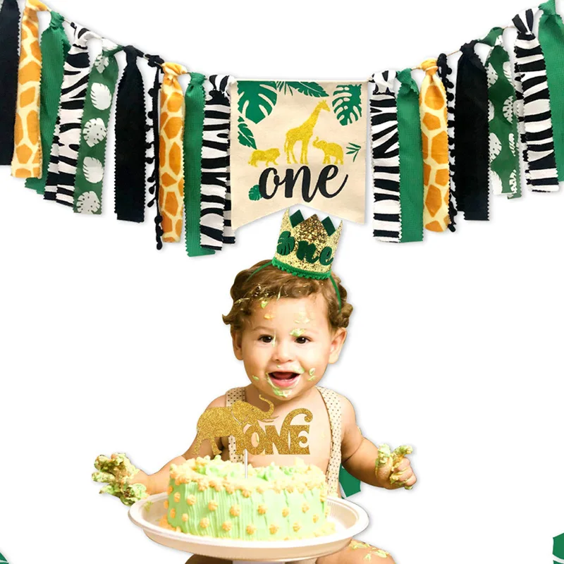 Children Birthday Green Forest Animal Theme Banner Happy Birthday Flag for Cake Decorating Supplies Baby one Year Celebration