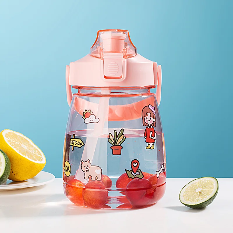Custom Students Children Strap Straw Cute Large Capacity With Straw Novelty Portable Cartoon Sticker Plastic Water Bottle