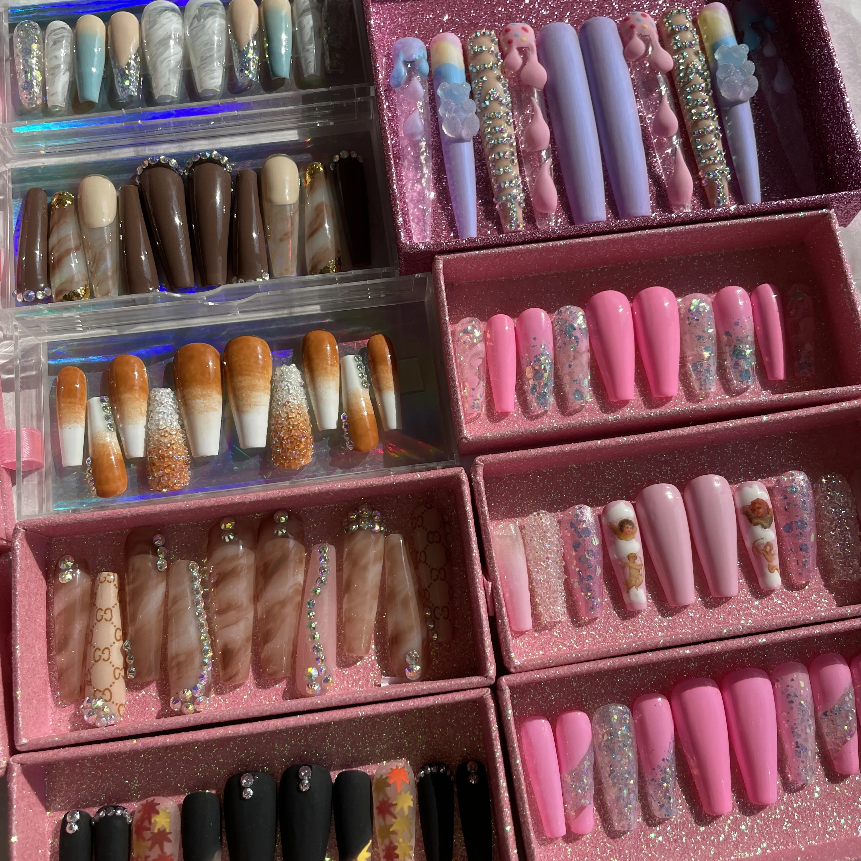 H-350-359 Various Color bling luxury Long gel designed luxury Custom Long coffin hand made luxury bling nails press on nails