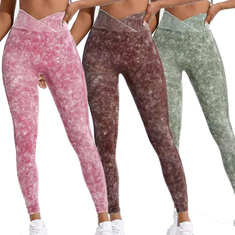Women Seamless Crossover V Cut Yoga Pants High Waist Tie Dye Running Acid Wash Workout Pants Compression Sport Scrunch Leggings