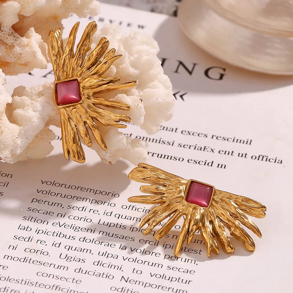 Vintage Irregular Red Agate Earrings PVD 18K Gold Plated Stainless Steel Egyptian Style Fan Shape Stud Earrings For Women