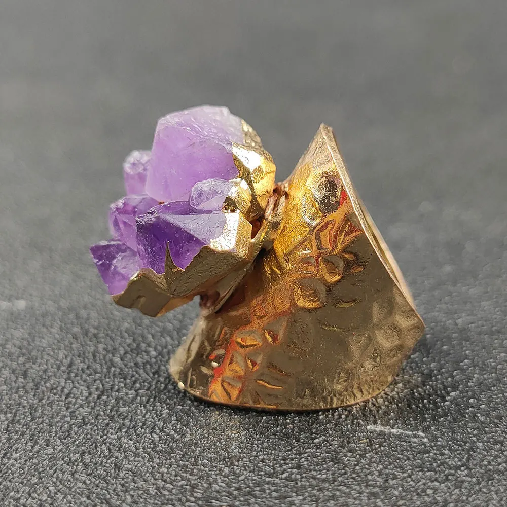 wholesale natural quartz ring irregular amethyst crystal cluster charm drusy stone gold bezel adjustable finger ring