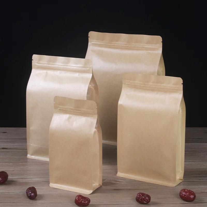 Eight-sided sealed kraft paper coffee herbal snack tea self-standing kraft paper square bottom bag